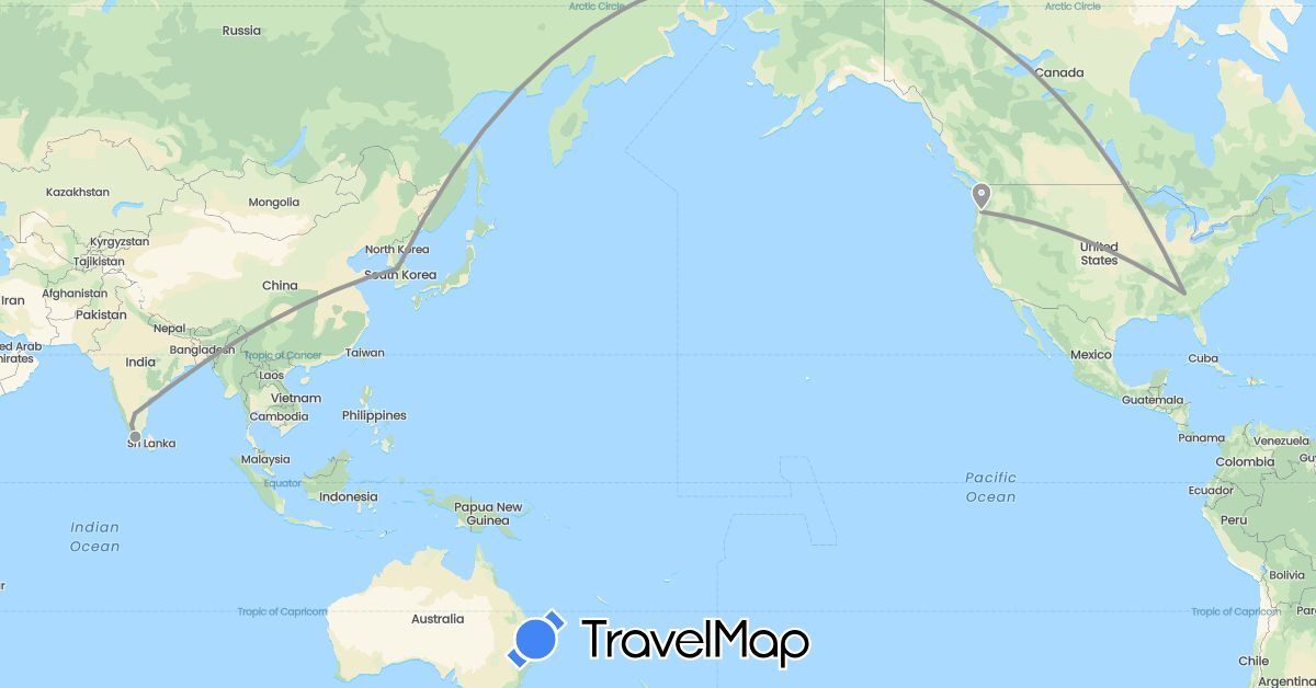 TravelMap itinerary: driving, plane in India, South Korea, United States (Asia, North America)